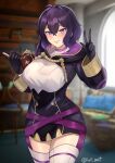  1girl absurdres ahoge black_gloves blurry blurry_background book bookshelf breasts cowboy_shot dress fire_emblem fire_emblem_awakening gloves hair_between_eyes highres holding holding_book hood hood_down hooded_dress morgan_(female)_(fire_emblem) morgan_(fire_emblem) multicolored_clothes multicolored_dress pillow purple_eyes purple_hair short_hair smile solo thighhighs twitter_username v white_thighhighs zet_(twt_zet) zettai_ryouiki 