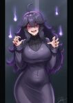  1girl ahoge black_dress black_hair black_nails black_sweater breasts cowboy_shot curvy dress ghost_pose hairband hands_up hex_maniac_(pokemon) highres hitodama large_breasts long_hair looking_at_viewer open_mouth pillarboxed pokemon pokemon_(game) pokemon_xy purple_eyes purple_hair purple_hairband solo sweater sweater_under_dress taut_clothes taut_dress turtleneck turtleneck_sweater very_long_hair wavy_hair wide_hips zet_(twt_zet) 