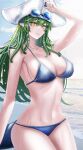  1girl arknights arm_up bikini blue_bikini breasts cleavage closed_mouth crocodilian_tail day eyewear_on_head gavial_(arknights) gavial_the_invincible_(arknights) gavial_the_invincible_(holiday)_(arknights) grey_hair hat highres large_breasts long_hair looking_at_viewer minuolin navel ocean outdoors pirate_hat smile solo sunglasses sunlight swimsuit tail water wet white_headwear yellow_eyes 