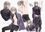  1boy absurdres androgynous back bishounen black_pants black_shirt character_name color_guide feet_out_of_frame grey_hair hair_between_eyes highres jewelry long_hair looking_at_viewer male_focus msa_(fary_white) multiple_views open_clothes open_robe original pants purple_robe red_pupils ring robe shirt sitting smile toned topless 