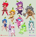 6+girls absurdres ahoge axe bag barefoot belt bikini bikini_under_clothes black_eyes blonde_hair blue_bikini blue_eyes blue_hair blue_pikmin blue_sclera blunt_bangs boots breasts brown_eyes brown_necktie brown_shorts brown_skirt cleavage coat colored_sclera crop_top dress earmuffs elbow_gloves eyepatch_bikini fishnet_pantyhose fishnets food fur_trim garter_straps ghost glasses gloves glow_pikmin green_hair grey_hair hat high_heels highres holding holding_axe holding_bag holding_food holding_syringe holding_weapon ice_pikmin jacket knee_boots korean_commentary large_breasts large_syringe leaf long_hair long_sleeves midriff minuspal mittens multiple_girls necktie no_mouth nurse_cap open_clothes open_coat open_mouth outline oversized_object pants pantyhose personification pikmin_(creature) pikmin_(series) pink_hair pink_jacket pink_pants pink_scarf pink_shirt pointy_ears pointy_nose purple_eyes purple_hair purple_pikmin purple_shirt red_eyes red_footwear red_hair red_pikmin red_sclera rock_pikmin scarf school_swimsuit see-through see-through_dress shirt shorts single-shoulder_shirt skirt skull_and_crossbones smile stone_axe suspender_skirt suspenders swimsuit syringe tan thighhighs torn_clothes torn_shirt twitch_username very_long_hair weapon white_hair white_outline white_pikmin winged_pikmin wings yellow_gloves yellow_pikmin yellow_shirt youtube_username 