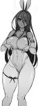  1girl animal_ears blush breasts chokukame cleavage covered_nipples elbow_gloves gloves greyscale hair_between_eyes large_breasts long_hair looking_at_viewer monochrome one-piece_swimsuit original parted_lips rabbit_ears simple_background solo swimsuit thigh_strap white_background 