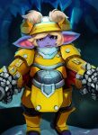  2023 absurd_res anthro armor blonde_hair clothed clothing cranihum female hair hi_res league_of_legends looking_at_viewer not_furry open_mouth open_smile poppy_(lol) purple_body purple_eyes riot_games smile smiling_at_viewer solo standing yordle 