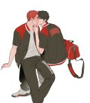  2boys absurdres bag bishounen black_eyes black_hair black_pants blush closed_eyes couple duffel_bag feet_out_of_frame grey_shirt hand_on_another&#039;s_chin highres jacket kiss male_focus mukur_sd multicolored_clothes multicolored_jacket multiple_boys open_clothes open_jacket pants red_hair rukawa_kaede sakuragi_hanamichi shirt shoes short_hair sitting slam_dunk_(series) sneakers toned toned_male two-tone_jacket white_background yaoi 