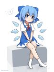  1girl absurdres artist_name blue_bow blue_dress blue_eyes blue_hair blush bow circled_9 cirno closed_mouth dress ferdy&#039;s_lab full_body highres ice ice_wings looking_at_viewer puffy_short_sleeves puffy_sleeves red_ribbon ribbon shirt short_hair short_sleeves simple_background sitting smile socks solo touhou twitter_username white_background white_shirt wings 