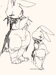  3:4 anthro balls belly black_and_white cape clothing eye_scar facial_scar genitals hi_res holding_object lagomorph leporid long_ears male mammal monochrome navel nude one_eye_closed pear-shaped_figure penis qadyx rabbit scar side_view sketch slightly_chubby solo thick_thighs three-quarter_view wide_hips 