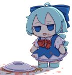  1girl absurdres ahoge blue_bow blue_dress blue_eyes blue_footwear blue_hair bow cirno collared_shirt dress fairy food food_on_clothes food_on_face fumo_(doll) hair_bow highres ice ice_wings kame_(kamepan44231) open_mouth pasta shirt shoes short_hair short_sleeves simple_background solo touhou white_background white_shirt wings 