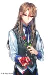  1boy black_pants black_vest blue_ribbon brown_hair buttons copyright cowboy_shot dorian_(sid_story) double-breasted flower grey_eyes hair_between_eyes holding holding_flower lapels long_hair long_sleeves looking_at_viewer male_focus neck_ribbon notched_lapels official_art pants petals red_flower red_rose ribbon rose shirt sid_story sila_(carpen) silver_trim simple_background sleeve_cuffs smile solo untucked_shirt vest white_background white_shirt 