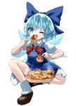  1girl absurdres blue_bow blue_dress blue_eyes blue_hair blush bow brown_footwear cirno collared_shirt dress eating fairy food full_body hair_between_eyes hair_bow highres holding ice ice_wings mikan_(manmarumikan) one_eye_closed open_mouth puffy_short_sleeves puffy_sleeves shirt shoes short_hair short_sleeves simple_background smile socks solo takoyaki touhou white_background white_shirt white_socks wings 