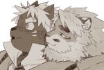  2boys animal_ears bara blush check_copyright collared_shirt copyright_request facial_hair from_side furry furry_male head_on_another&#039;s_shoulder kuro_nezumi_inu male_focus multiple_boys mustache open_mouth original shirt simple_background smirk thick_eyebrows white_background 