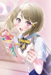  1girl bag blurry blurry_background blush bobbles bow bowtie commentary_request crescent crescent_hair_ornament hair_ornament hairclip hands_up holding holding_ice_cream holding_spoon light_brown_hair looking_at_viewer love_live! love_live!_nijigasaki_high_school_idol_club malo_(mlpmpmp) nakasu_kasumi nijigasaki_academy_school_uniform open_mouth pink_eyes school_uniform shirt short_hair short_sleeves shoulder_bag smile solo spoon upper_body vest white_shirt wing_collar yellow_bow yellow_bowtie 