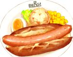  absurdres corn egg_(food) food food_focus highres hot_dog hot_dog_bun no_humans oikawa_2301 original plate simple_background still_life white_background 