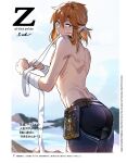  1boy artist_name ass bandaged_arm bandages belt blonde_hair blue_eyes clothes_removed cover dated earrings fake_magazine_cover from_behind holding jewelry leopardtiger light_frown link long_hair looking_back magazine_cover male_focus mouth_hold multiple_scars ocean partially_undressed pixiv_id pointy_ears ponytail rock scar scar_on_back scar_on_cheek scar_on_face scar_on_stomach sheikah_slate solo the_legend_of_zelda the_legend_of_zelda:_breath_of_the_wild topless_male twitter_username weibo_username 