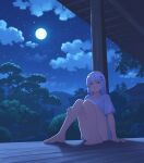  1girl absurdres architecture barefoot blue_eyes cloud cloudy_sky commentary_request convenient_censoring east_asian_architecture full_body full_moon highres moon night night_sky no_pants onita original outdoors scenery sitting sky solo star_(sky) starry_sky toes tree white_hair 