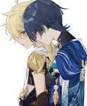  2boys aether_(genshin_impact) ahoge arm_armor armor belt black_belt black_gloves black_shirt black_shorts blonde_hair blue_cape blue_eyes blue_hair blunt_ends blush braid brown_belt brown_eyes brown_pants brown_shirt cape closed_mouth dark_blue_hair earrings elbow_gloves eyeshadow fingerless_gloves genshin_impact gloves gold_trim hair_between_eyes highres hug hug_from_behind jewelry leaf long_hair looking_at_another looking_back looking_down makeup male_focus mandarin_collar multiple_boys nekoshin_kagari no_headwear open_mouth pants pom_pom_(clothes) purple_belt red_eyeshadow scaramouche_(genshin_impact) scarf shirt short_hair short_sleeves shorts shoulder_armor simple_background single_earring sleeveless sleeveless_shirt smile standing sweat sweatdrop vest wanderer_(genshin_impact) white_background white_scarf white_vest yaoi 