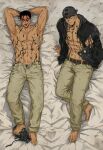  2boys :p abs aikawa_(dorohedoro) arkuny arms_behind_head backwards_hat bara barefoot baseball_cap blood blood_on_face caiman_(dorohedoro) dakimakura_(medium) dorohedoro from_above full_body hat highres holding holding_mask large_pectorals long_sideburns male_focus male_pubic_hair mask mature_male multiple_boys muscular muscular_male navel nipples on_bed open_fly pants pectoral_cleavage pectorals pubic_hair pubic_hair_peek seductive_smile short_hair sideburns sideburns_stubble smile spoilers stomach thick_eyebrows tongue tongue_out topless_male v-shaped_eyebrows 