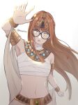  1girl arm_up armlet armpits artist_name bandages bare_shoulders belt black-framed_eyewear blunt_bangs bracelet breasts brown_hair commentary_request cowboy cowboy_shot egyptian_clothes glasses gradient_background groin jewelry long_hair looking_at_viewer midriff navel open_mouth orange_hair persona persona_5 pppppknw sakura_futaba sarashi shadow_(persona) shadow_futaba simple_background small_breasts solo stomach twitter_username upper_body usekh_collar very_long_hair white_background yellow_eyes 