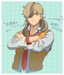  1boy arven_(pokemon) brown_hair collared_shirt crossed_arms furukawa_makoto green_eyes hair_over_one_eye highres light_brown_hair long_hair male_focus multicolored_hair necktie open_clothes open_mouth open_vest orange_necktie pokemon pokemon_(game) pokemon_sv s_m_n_325 school_uniform shirt solo two-tone_hair vest yellow_vest 