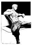  1boy arm_rest bara couch from_side greyscale large_pectorals looking_ahead male_focus monochrome muscular muscular_male nok_(nok_1) on_couch one_piece pants pectorals profile roronoa_zoro short_hair solo spread_legs veins veiny_arms 