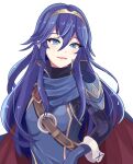  1girl absurdres armor belt blue_eyes blue_gloves blue_hair cape eyelashes fire_emblem fire_emblem_awakening gloves hair_between_eyes highres long_hair looking_at_viewer lucina_(fire_emblem) n_54 open_mouth shoulder_armor solo symbol_in_eye tiara turtleneck upper_body 