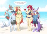  absurd_res anthro barefoot beach big_breasts bikini bikini_top blood blue_eyes blue_hair blush bodily_fluids breasts clothed clothing duo eeveelution fan_character feet female fin game_freak generation_1_pokemon generation_3_pokemon generation_6_pokemon green_eyes group hair hand_in_pocket hi_res huge_breasts long_hair long_tail luna_the_milotic male male/female mila_(snackbunnii) milotic mooncouple nintendo nosebleed one_eye_closed open_mouth orion_the_sylveon pockets pokemon pokemon_(species) purple_hair red_hair ritz_(snackbunnii) sea seaside shirt sky slightly_chubby smile speech_bubble standing swimwear sylveon tail tail_fin text topless topless_male topwear vaporeon water white_eyes 