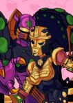  1boy 1girl beast_wars beast_wars:_transformers black_eyes black_lips blackarachnia breasts claws highres humanoid_robot itstom06331391 mecha medium_breasts narrow_waist pink_background predacon robot science_fiction size_difference tarantulas transformers yellow-framed_eyewear 