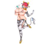  1girl 41_(taskmaster41) :d animal_ear_headwear animal_ears animal_print areola_slip bare_shoulders bell belly bikini black_collar blue_hair blue_ribbon blush bottle breasts collar colored_inner_hair covered_nipples cow_ears cow_horns cow_print cow_print_bikini cow_print_gloves cow_print_thighhighs cow_tail cowbell curvy ear_tag elbow_gloves english_text fake_animal_ears fake_horns fake_tail frilled_ribbon frills full_body gigantic_breasts gloves gold_footwear hair_over_one_eye headset heart_on_cheek high_heels highres holding holding_bottle hoof_shoes horns ignis_(last_origin) last_origin looking_at_viewer micro_bikini milk milk_bottle multicolored_hair multiple_horns navel official_alternate_costume official_art open_mouth red_eyes red_hair ribbon short_hair simple_background skindentation smile solo spilling standing standing_on_one_leg string_bikini sweatdrop swimsuit tachi-e tail teeth thick_thighs thighs third-party_source transparent_background two-tone_hair undersized_clothes upper_teeth_only v-shaped_eyebrows y-string yellow_horns 