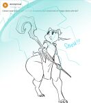  anthro big_butt butt churrp_(glacierclear) claws clothing curious_cat english_text female glacierclear hi_res holding_object holding_staff horn huge_butt huge_hips huge_thighs kobold magic robe scalie short_stack short_tail solo staff tail text thick_thighs toe_claws 