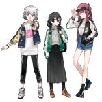  3girls :o adjusting_eyewear backpack bag black_hair black_pantyhose black_ribbon black_skirt bow bracelet braid cevio commentary_request cutoffs denim denim_shorts double_bun eyewear_on_head full_body glasses green_eyes grey_hair hair_bow hair_bun hair_ornament hair_ribbon hairclip hanakuma_chifuyu hand_in_pocket hand_up head_tilt heel_up high-waist_shorts highres hitogome holding_strap jacket jewelry koharu_rikka lineup long_skirt looking_at_viewer low_twin_braids mole mole_under_eye multiple_girls natsuki_karin open_clothes open_jacket open_mouth outstretched_arm pants pantyhose pleated_skirt print_shirt print_sweater purple_eyes red_eyes red_hair ribbon semi-rimless_eyewear shirt shoes short_hair shorts skirt smile sneakers standing sukajan sunglasses sweater synthesizer_v toes_up track_pants turning_head turtleneck turtleneck_sweater twin_braids twintails w white_bow white_shirt white_sweater 