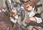  2girls bird_girl bird_wings boots brown_eyes brown_hair dress eurasian_eagle_owl_(kemono_friends) goggles grey_background grey_hair gun highres kemono_friends kneehighs looking_at_viewer multiple_girls necktie northern_white-faced_owl_(kemono_friends) ribbon rinx shirt short_hair shorts simple_background socks steampunk weapon wings 