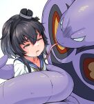  1girl anchor_symbol arbok black_hair blue_sailor_collar bound brown_eyes commission constriction crossover dress duther_altyn forked_tongue grey_hair half-closed_eyes highres kantai_collection multicolored_hair neckerchief parted_lips pokemon pokemon_(creature) sailor_collar sailor_dress saliva short_hair_with_long_locks simple_background skeb_commission sweat tears tokitsukaze_(kancolle) tongue upper_body white_background white_dress 