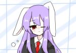  animal_ears black_jacket blazer blush collared_shirt droopy_ears jacket light_blue_background long_hair mfb5koihura moon_rabbit necktie portrait purple_hair rabbit_ears rabbit_girl red_eyes red_necktie reisen_udongein_inaba shirt sleepy striped striped_background teardrop touhou white_shirt 