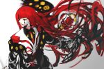  1other black_coat black_shirt coat collared_shirt e.g.o_(project_moon) employee_(lobotomy_corporation) gauntlets holding holding_staff jacket lobotomy_corporation long_hair looking_to_the_side necktie nishikujic project_moon red_eyes red_hair red_necktie shirt simple_background staff teardrop_facial_mark upper_body very_long_hair white_background white_jacket 