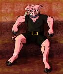  absurd_res anthro belt belt_buckle bulge collar fur golden_pupils grug_(randompasserbyer) hi_res hooved_fingertips hooved_hands hooved_toes hooves male mammal manspreading microsoft minecraft mojang muscular muscular_anthro muscular_male name_tag nether pig_nose piglin pink_body pink_fur randompasserbyer red_sclera scar solo suina tail tail_tuft tuft tusk_ring tusks xbox_game_studios 