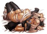  1girl bandages bed_sheet blonde_hair blush boots breasts budget_sarashi chiba_toshirou commentary_request condom condom_in_mouth condom_wrapper dark-skinned_female dark_skin fingerless_gloves glasses gloves grin headgear kantai_collection large_breasts long_hair looking_at_viewer lying mouth_hold musashi_(kancolle) nipples on_back red_eyes rimless_eyewear sarashi shiny_skin skirt smile solo thighhighs two_side_up undone_sarashi 