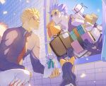  1girl 2boys aged_down baby_5 black_hair black_shirt blonde_hair blue_hair blue_sky bow box capri_pants child collared_shirt dareka_25 donquixote_doflamingo earrings fisheye from_behind gift gift_box gladius_(one_piece) goggles hair_bow happy_birthday highres holding holding_gift jewelry long_hair looking_at_another mask mouth_mask multiple_boys necktie on_one_knee one_piece pants parted_lips red_necktie shirt short_hair sky spiked_hair too_many_gifts window yellow_bow 