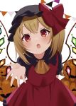  1girl :o alternate_color ascot bat_wings black_collar black_headwear black_shirt blonde_hair blush bow collar commentary_request cowboy_shot crystal eyelashes facing_viewer flandre_scarlet frilled_collar frilled_skirt frills hair_bow halloween hand_up hat highres kamachi_(kamati0maru) long_hair looking_at_viewer mob_cap open_hand open_mouth puffy_short_sleeves puffy_sleeves pumpkin rainbow_order red_bow red_eyes red_skirt red_vest shirt short_sleeves side_ponytail simple_background skirt standing straight-on touhou trick_or_treat vest white_background wings yellow_ascot 