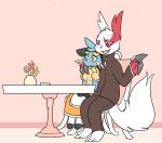  anthro arm_around_shoulders black_body black_fur blue_body blue_fur blush cafe chair clothed clothing colored dewott dress duo eyewear female fur furniture generation_3_pokemon generation_5_pokemon gesture happy kipaki maid_cafe maid_uniform male nintendo pointing pokemon pokemon_(species) red_body red_fur sitting sitting_together size_difference smaller_female sunglasses table tail uncomfortable uniform whiskers white_body white_fur zangoose 