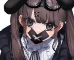  1girl aoishi_pachira brown_eyes brown_hair center_frills duct_tape earrings frills gag goggles goggles_on_head hair_ornament hairclip highres improvised_gag jacket jewelry lace_collar long_hair looking_at_viewer neck_ribbon original ribbon solo tape tape_gag twintails upper_body 