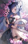  1girl :d animal_ears bare_shoulders blue_hair blue_thighhighs braid breasts cherry_blossoms choker cleavage collarbone crown_braid dress ear_ornament ear_ribbon from_side highres holding horse_ears horse_girl intertwined_memories_galloping_thoughts_(umamusume) large_breasts long_hair mejiro_ardan_(flowers_of_prayer_dance_in_the_night_breeze)_(umamusume) mejiro_ardan_(umamusume) purple_eyes shibaebi_(yasaip_game) sleeveless sleeveless_dress smile solo strapless strapless_dress thighhighs umamusume white_dress 