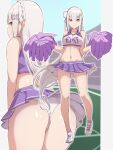  1girl absurdres ass braid breasts cheerleader crown_braid day elf emilia_(re:zero) flower from_behind hair_flower hair_ornament highres holding holding_pom_poms long_hair looking_at_viewer medium_breasts navel outdoors panties pointy_ears pom_pom_(cheerleading) purple_eyes re:zero_kara_hajimeru_isekai_seikatsu rose solo underwear upskirt white_flower white_hair white_panties white_rose x_hair_ornament zerobarto 