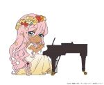  1girl aria athena_glory chibi closed_mouth copyright copyright_name dark-skinned_female dark_skin dated dress eyelashes flower full_body gradient_dress grey_eyes hair_between_eyes hair_flower hair_ornament high_heels instrument long_hair music off-shoulder_dress off_shoulder official_alternate_costume official_art orange_flower piano pink_hair playing_instrument playing_piano sidelocks simple_background sitting smile solo very_long_hair white_dress yellow_dress yellow_flower 