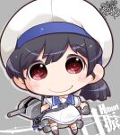  1girl adapted_turret black_hair blue_sailor_collar cannon character_name chibi depth_charge dress hat hiburi_(kancolle) highres kantai_collection kuroneko_(kuroneko_works) low_ponytail red_eyes rigging sailor_collar sailor_dress sailor_hat short_hair short_sleeves smile solo white_dress white_headwear 