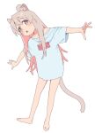  1girl :o ahoge animal_ear_fluff animal_ears balancing bare_legs barefoot blue_shirt blush bright_pupils cat_ears cat_tail clothes_writing colored_inner_hair double-parted_bangs full_body grey_hair highres kemonomimi_mode ksrvgn long_hair multicolored_hair naked_shirt onii-chan_wa_oshimai! outstretched_arms oversized_clothes oversized_shirt oyama_mahiro pink_hair shirt short_sleeves sideways_glance simple_background solo spread_fingers standing standing_on_one_leg tail very_long_hair white_background 