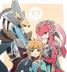  !? 1girl 2boys arm_on_shoulder armor beak bird_boy blonde_hair blue_eyes blue_fur blue_hair blue_scarf blue_shirt blush blush_stickers body_fur border braid breastplate brown_gloves closed_mouth colored_skin commentary_request fingerless_gloves fins fish_girl furry furry_female furry_male gloves green_eyes hair_tie half-closed_eyes hand_up head_fins head_tail headpiece height_difference layered_sleeves light_blush link long_sleeves looking_at_another looking_at_viewer medium_hair mipha multicolored_skin multiple_boys nervous_smile open_mouth orange_background outside_border partial_commentary pointy_ears quad_tails red_skin revali rito scarf shirt short_hair short_over_long_sleeves short_sleeves shoulder_pads sidelocks simple_background smile speech_bubble spoken_interrobang standing straight-on sweat the_legend_of_zelda the_legend_of_zelda:_breath_of_the_wild two-tone_fur two-tone_skin ukata undershirt upper_body v-shaped_eyebrows white_border white_fur white_skin winged_arms wings yellow_eyes zora 