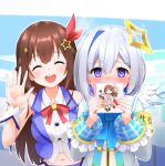  2girls @_@ album_cover amane_kanata armband brown_hair commentary cover faubynet hair_between_eyes hair_ornament hololive long_hair looking_at_viewer midriff multiple_girls navel open_mouth revision short_hair sleeveless tokino_sora tokino_sora_(1st_costume) virtual_youtuber waving white_hair 