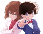  1boy 1girl blue_eyes blue_jacket bob_cut bow bowtie brown_hair buttons closed_mouth coat collared_shirt commentary_request crossed_arms edogawa_conan glasses green_eyes grin haibara_ai hair_between_eyes hand_in_pocket hand_up jacket lab_coat long_sleeves meitantei_conan pointing pointing_at_viewer red_bow red_bowtie red_sweater shirt short_hair simple_background smile sweater teeth tohoho_(hoshinoyami) upper_body white_background white_coat white_shirt 