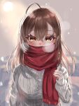  1girl ahoge breath brown_eyes brown_hair crossed_bangs highres hololive hololive_english long_hair looking_at_viewer multicolored_hair nanashi_mumei nanashi_mumei_(3rd_costume) official_alternate_costume red_scarf scarf selen_(sbjrlzekyt48001) sleeves_past_wrists snow snowing streaked_hair sun sweater virtual_youtuber white_sweater 