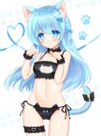  1girl :o animal_ear_fluff animal_ears bare_shoulders bell black_bra black_panties blue_eyes blue_hair blush bra braid cat_cutout cat_ear_panties cat_ears cat_girl cat_lingerie cat_tail cleavage_cutout clothing_cutout commentary_request fish_hair_ornament frilled_bra frilled_panties frills hair_between_eyes hair_ornament highres jingle_bell long_hair looking_at_viewer meme_attire navel neck_bell original panties parted_lips paw_pose shikito side-tie_panties simple_background solo standing tail underwear underwear_only very_long_hair white_background wrist_cuffs 