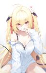  1girl biting black_bra blonde_hair blurry blush bow bra breasts cleavage commentary demon_girl demon_tail finger_biting finger_in_own_mouth finger_to_mouth head_wings highres kira_(kira78718520) large_breasts long_hair long_sleeves looking_at_viewer off_shoulder open_clothes original partially_unbuttoned red_bow red_eyes simple_background sitting symbol-only_commentary tail twintails underwear wariza white_background wings 